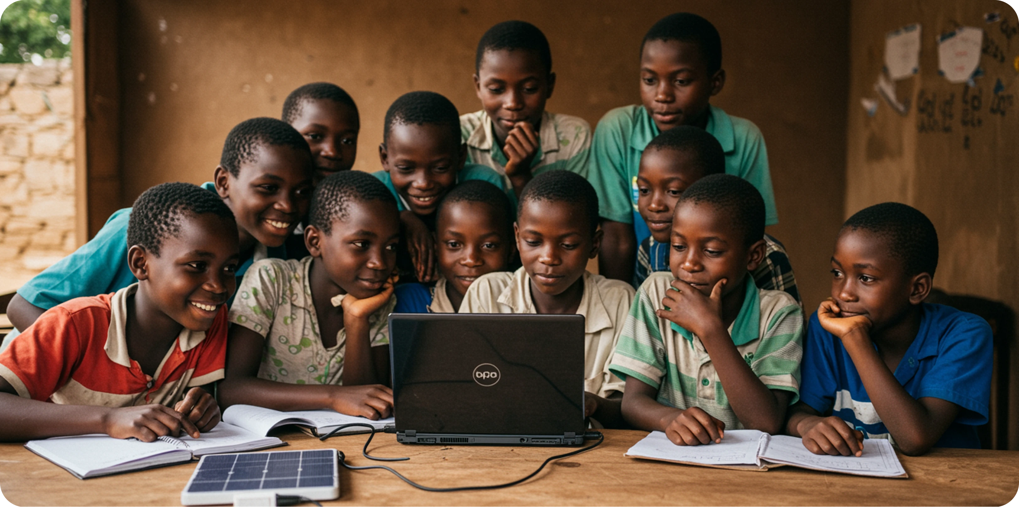 African children gathered around a laptop outdoors, learning together